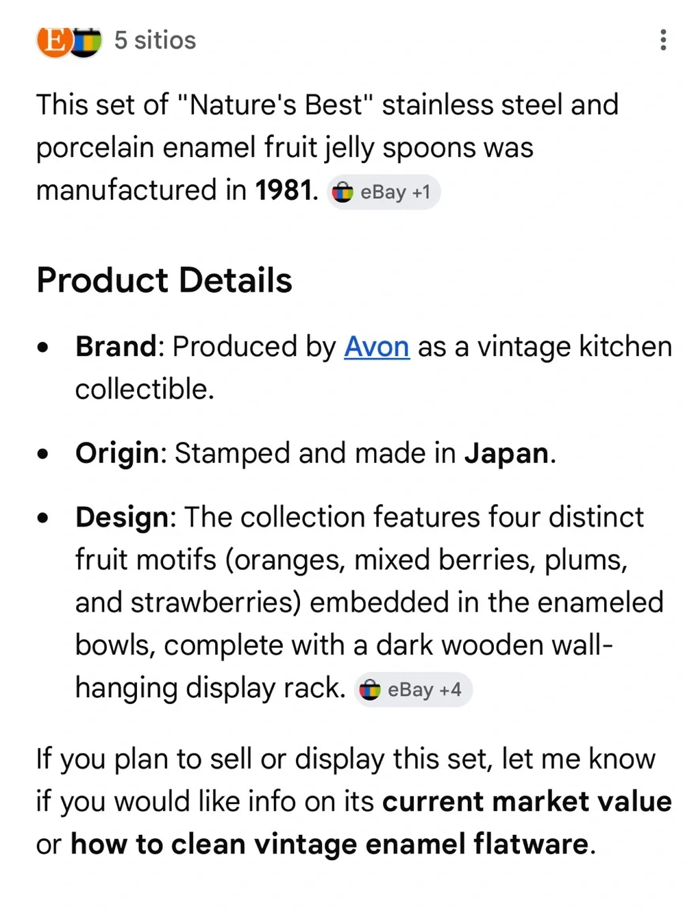 Collectible Avon 1981 Spoons Fruit Jelly Stainless Steel Porcelain Enamel Set.